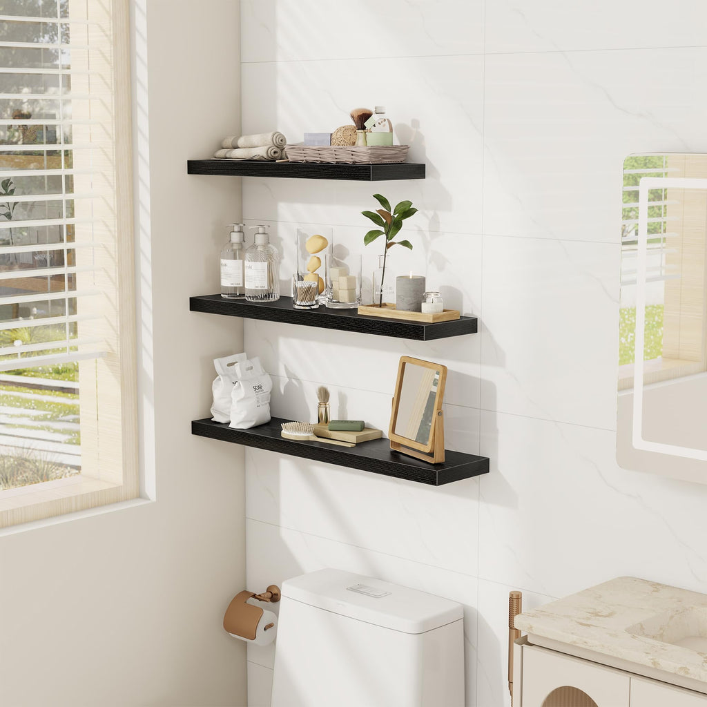 32 Inch Floating Shelves Wall Shelf Set of 3, Black Bathroom Shelves 32 Inch, Farmhouse Home Decor Living Room