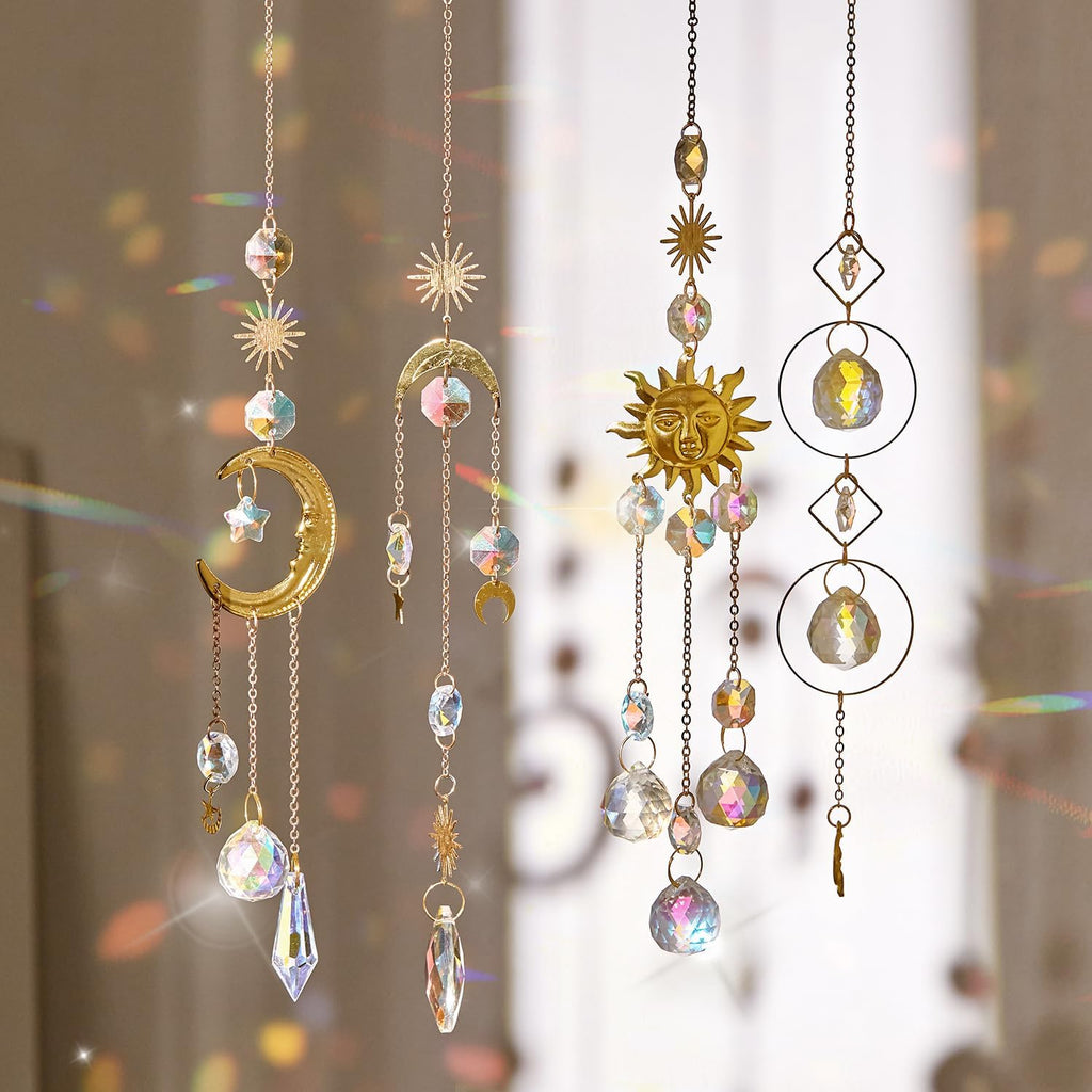 4PK Crystal Suncatcher for Windows Hanging Decor, Prism Sun Catcher with Chain and Hook