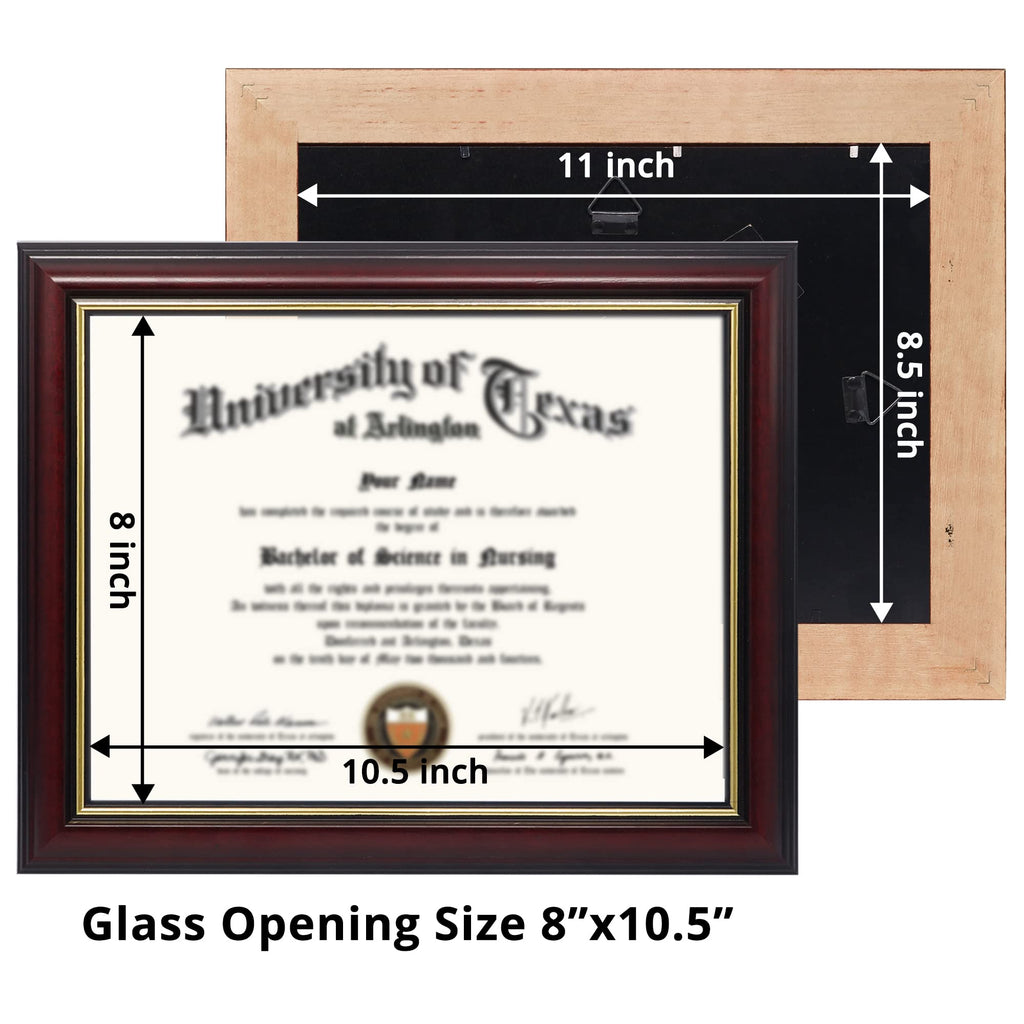 8.5x11 Certificate Diploma Frame, Solid Wood & UV Protection Acrylic, Cherry Finish with Gold Trim