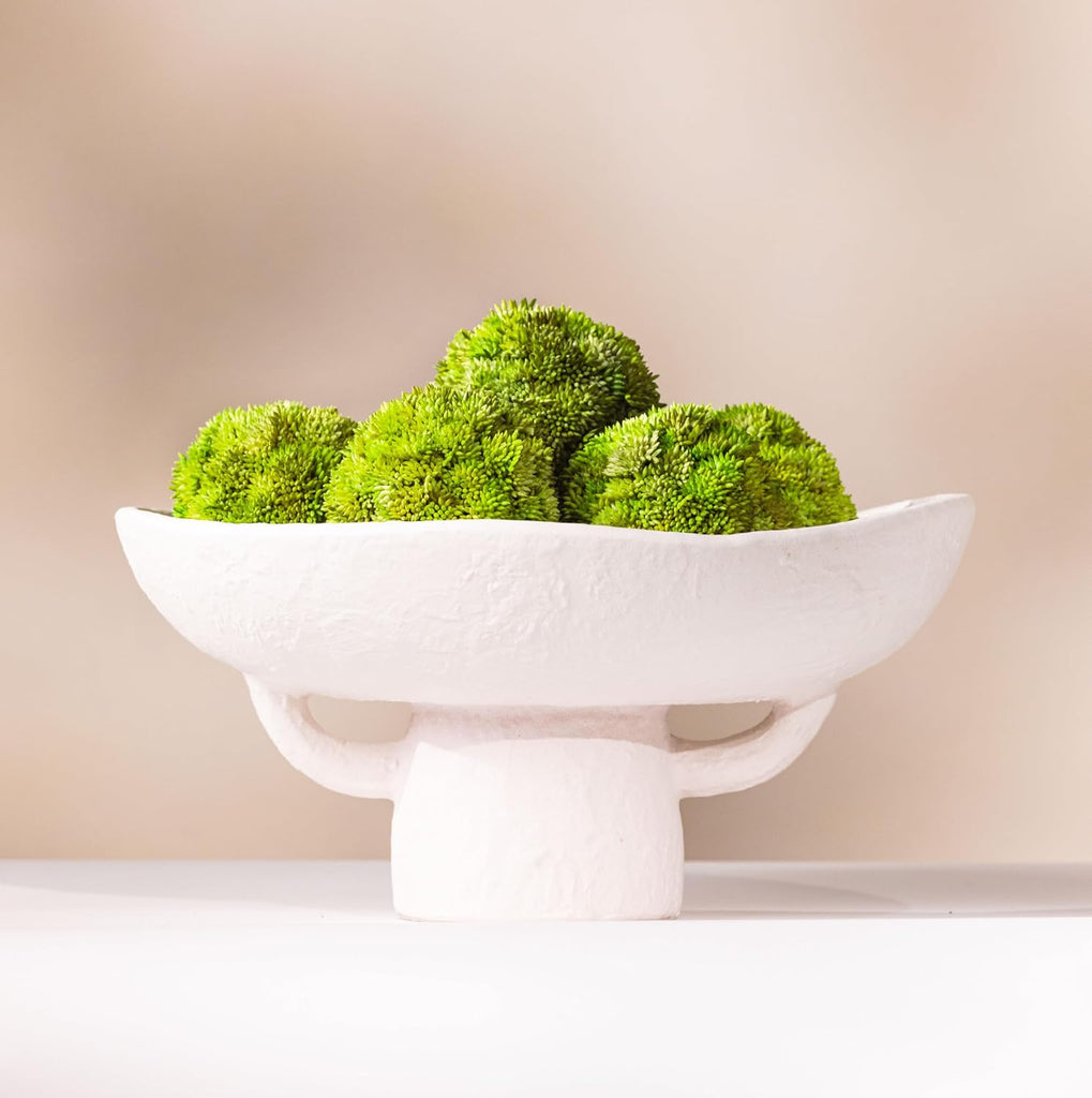 Luxurious White Textured Ceramic Bowl and Greenery Set,12.5x10.5 Inch Pedestal Decorative Bowl, with 6 Green