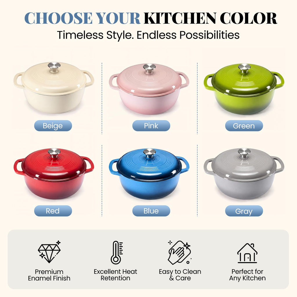 Enamel Cast Iron Dutch Oven, 6 Quart Pot with Lid, Gradient Red