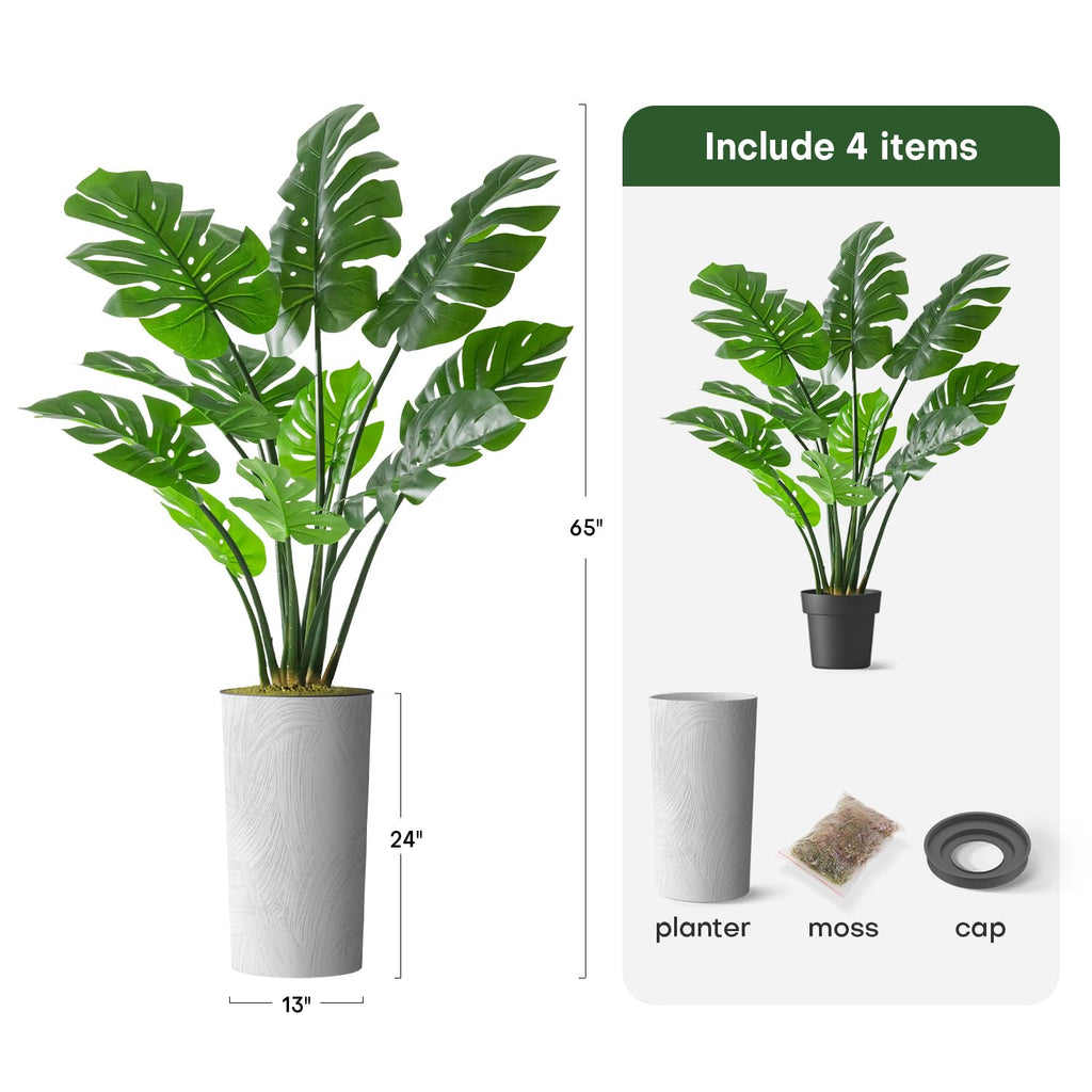 Artificial Tree in White Marble Effect Planter, Fake Monstera Silk Tree for Indoor and Outdoor Home Decoration - 65"