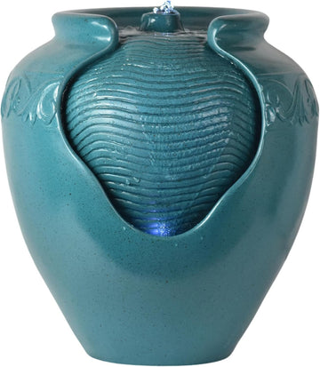 Floor Glazed Pot Water Fountain with Built-in LED Light and Pump Indoor Patio Garden Backyard Decking Home Décor, 17