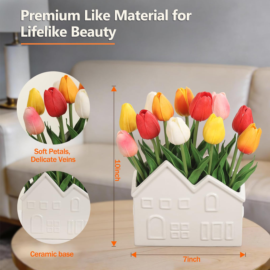 Artificial Tulips Flowers in Ceramic Pot, Real Touch Fake Tulips PU Flower Arrangement, Faux Tulips Potted for Dining