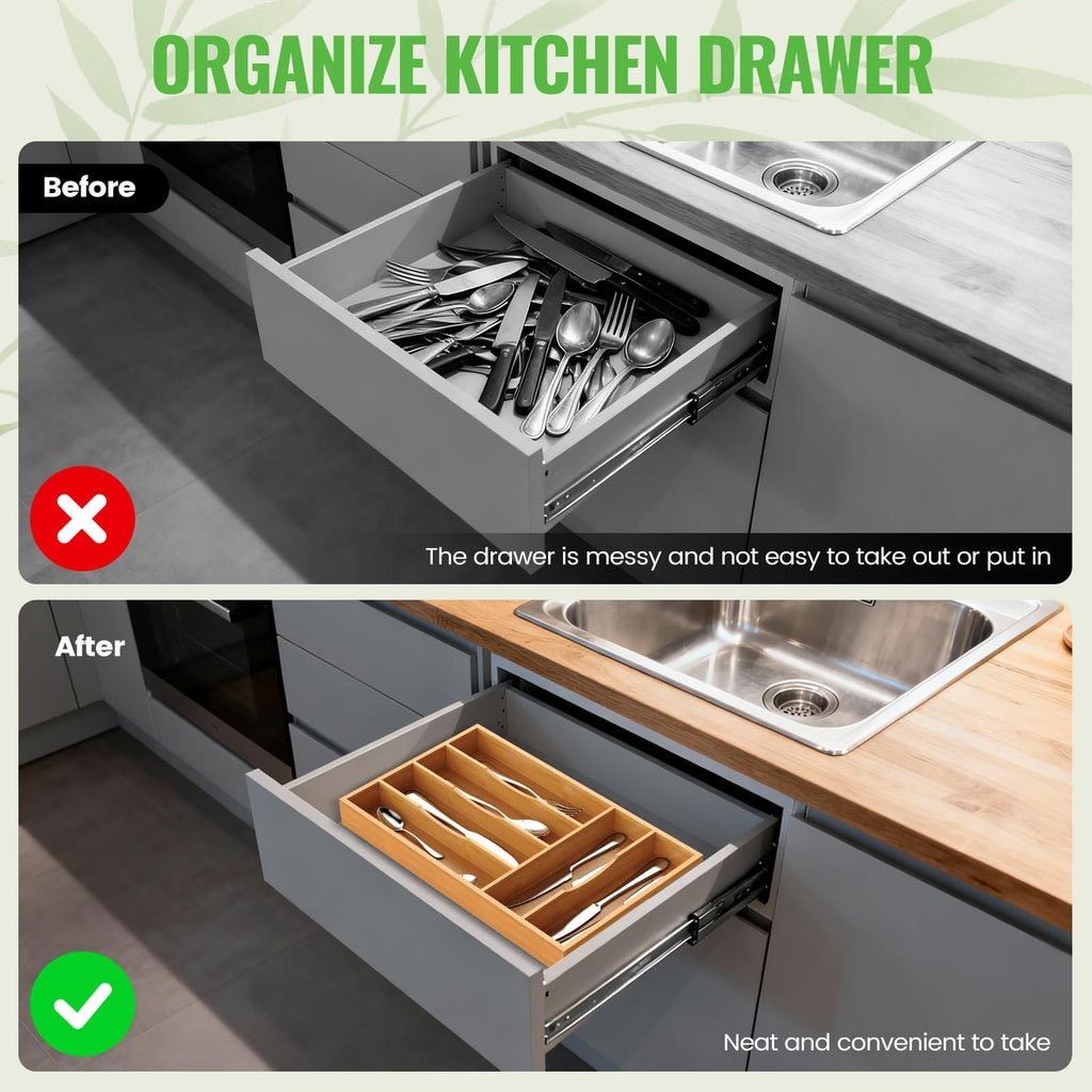 Bamboo Silverware Organizer, Bamboo Kitchen Drawer Cutlery Organizer, Utensil Holder, Flatware Organizer Tray