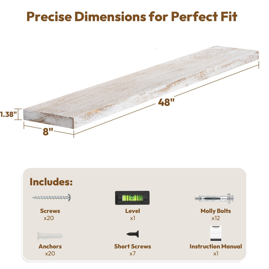Elm Wood Floating Shelf 48x8" Set of 1, Weathered White