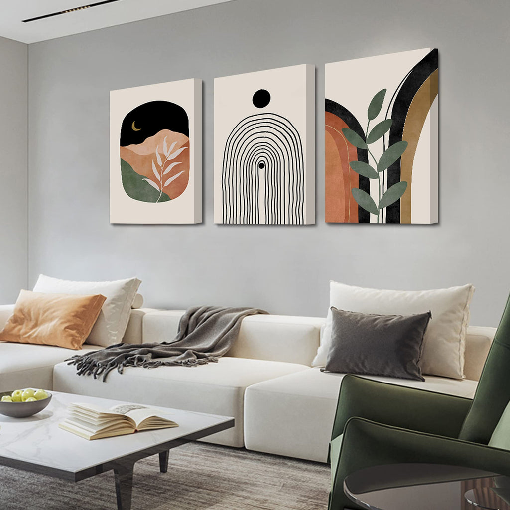 Boho Wall Art Prints Set of 3, Boho Wall Decor, Mid Century Modern Prints Sun Moon Leaf Mountain Canvas Wall