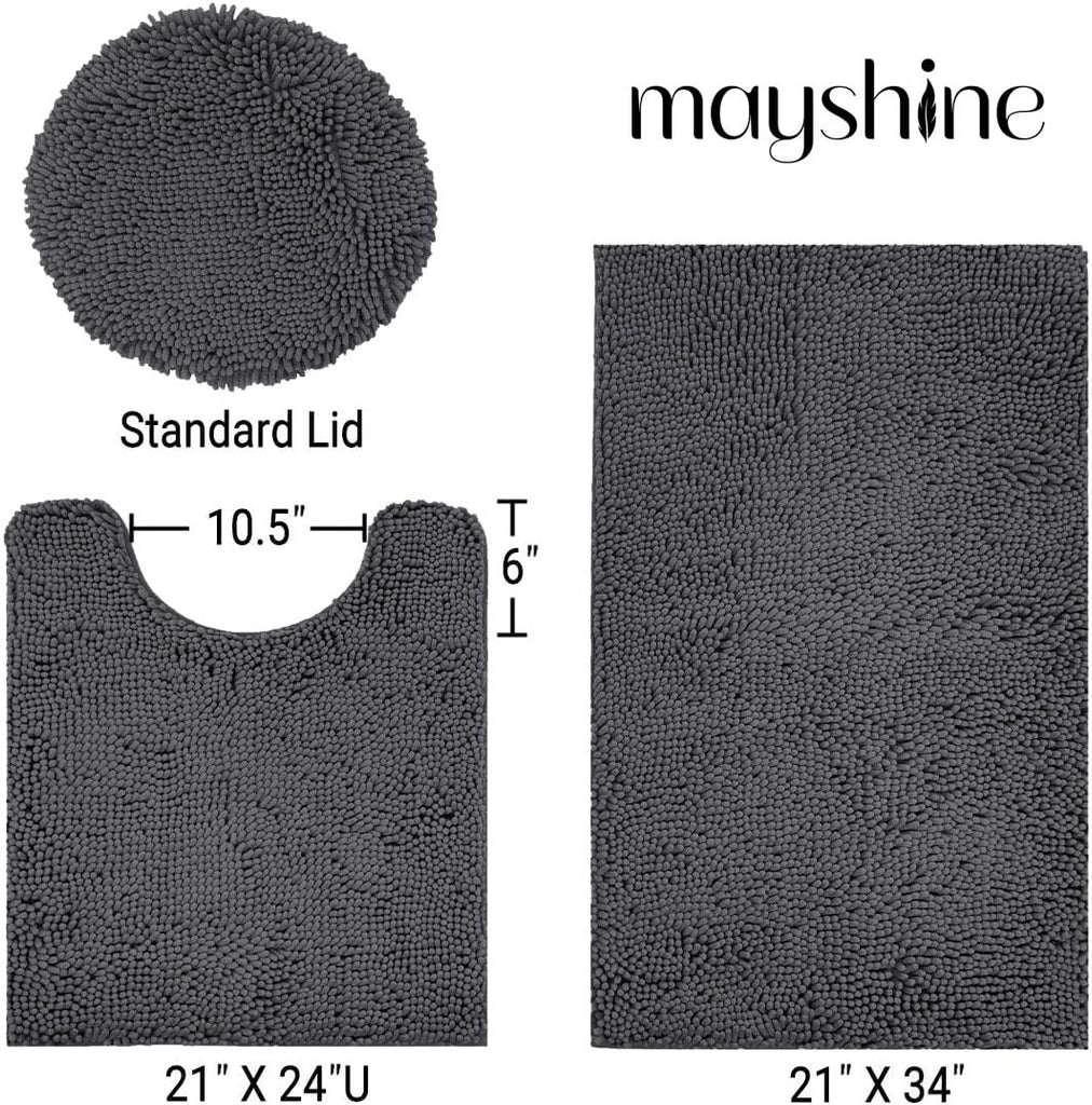 Standard 3pc Set Chenille Bath Mats, Includes 21"x24" U-Shaped Contour Toilet Rug, 21"x34" Inches Bathmat and 1