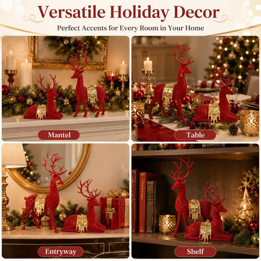 Red Gold Reindeer Figurines Set of 2 for Christmas Tabletop Decor