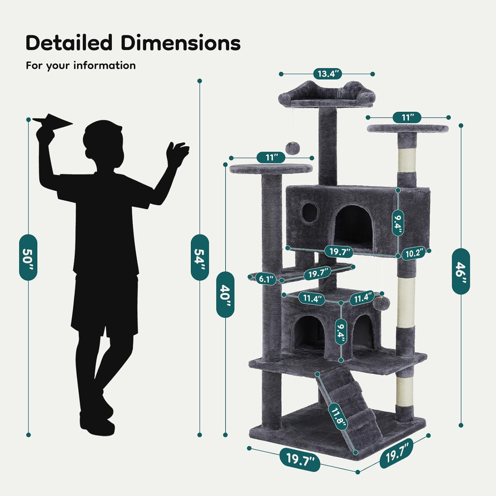 54-inch Indoor Cat Tree Tower - Multi-Level Pet House for Large Cats with 2 Condos, Scratching Posts, Round Platform