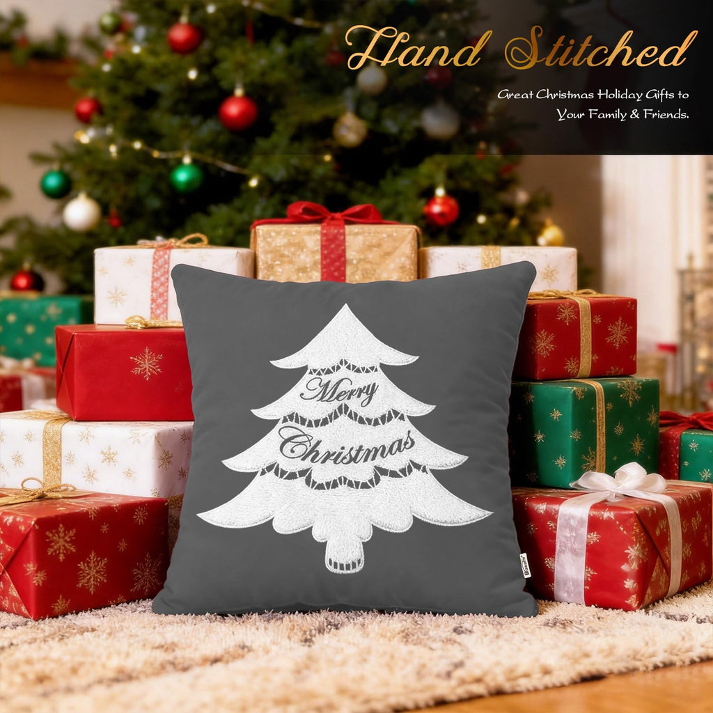 Christmas Tree Pillow Cover 18x18 Gray Velvet Embroidered