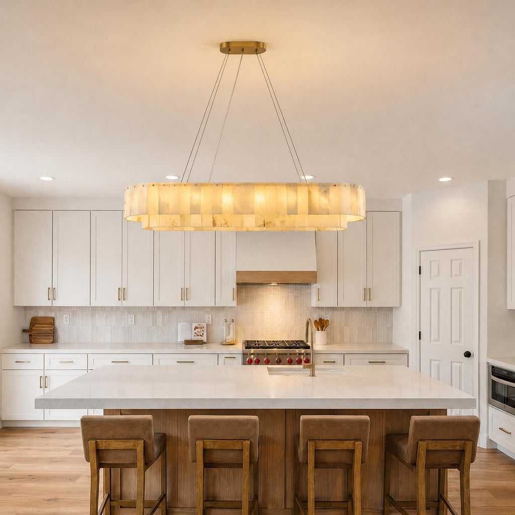 48 Inch Large Rectangular Alabaster Chandelier, 18 Light Modern Linear Pendant Light with Natural Stone Panels