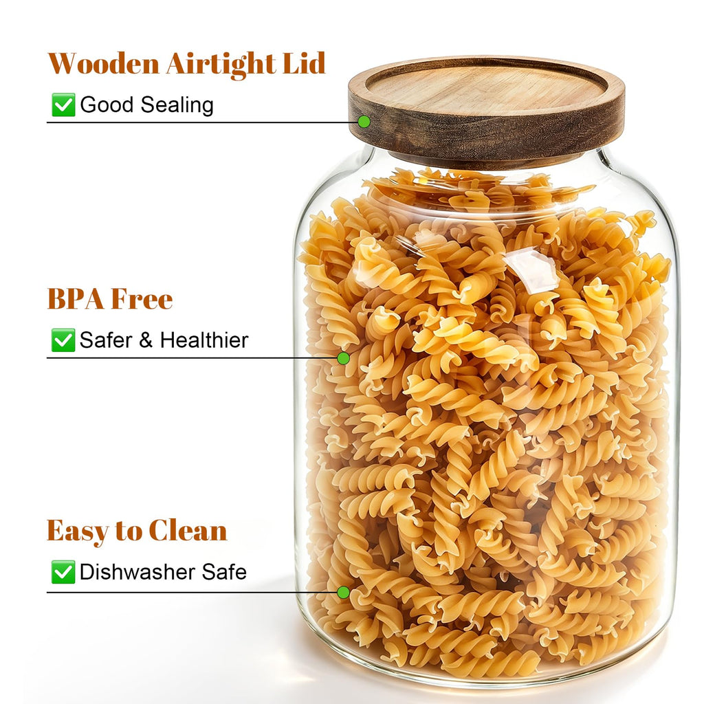 2 Pack Large Glass Food Storage Jar with Airtight Wooden Lid, 66 FL OZ(1950ml) Glass Food Canister and Pantry