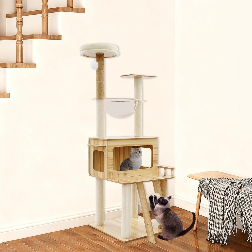 57.9in Wood Cat Tree Tower for Indoor Cat, Modern Minimalist Cat Furniture with Cat Scratching Post & Observation