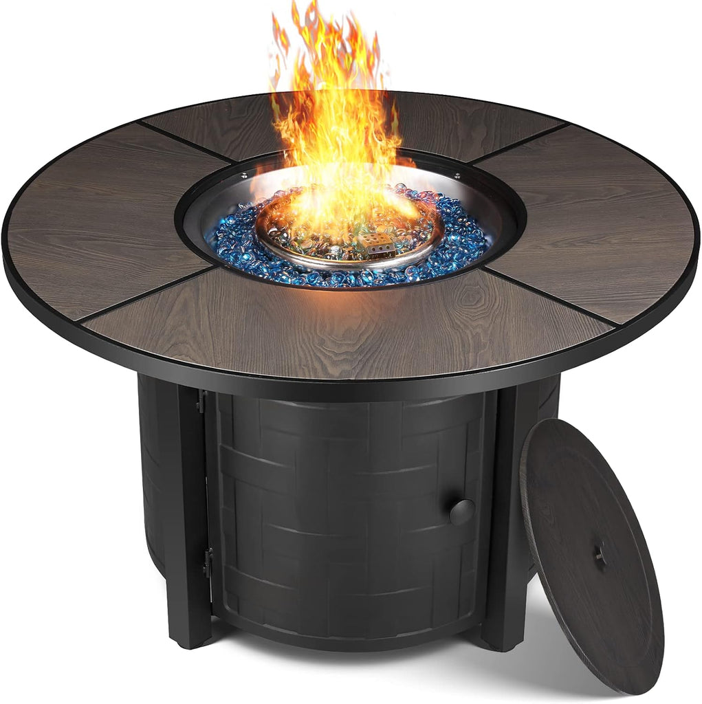 Propane Fire Pit Table 42 Inch Round – 50,000 BTU Outdoor Fire Pit with Lid, Converts to Patio Coffee Table, Certified, Includes Waterproof Cover &
