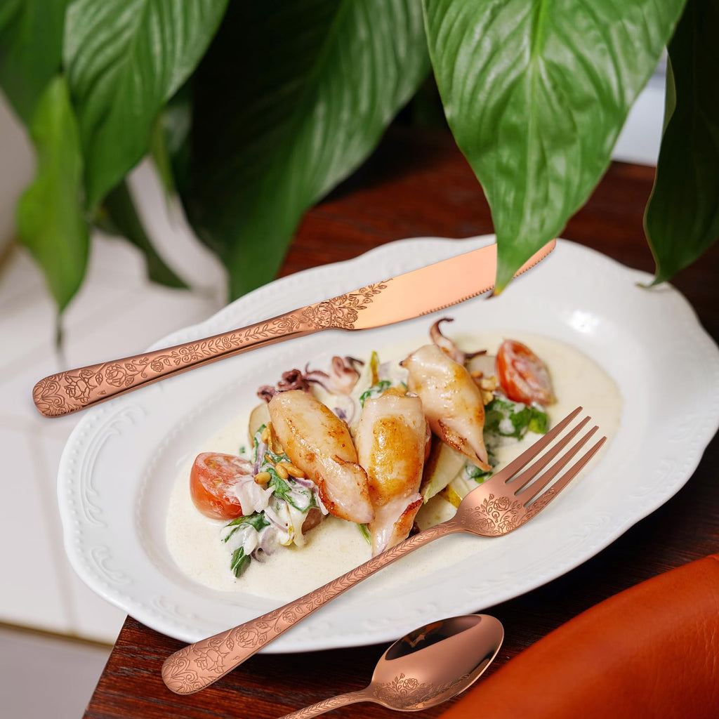 Vintage Flatware Copper/Rose Gold Floral Silverware 30 Piece Stainless Steel Set for 6 Cutlery Utensils Unique