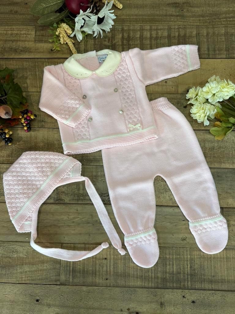 Piece Baby Knitted Set Sweater Footed Pants Hat Boys Girls Coming Home Newborn Outfit - Made in Spain