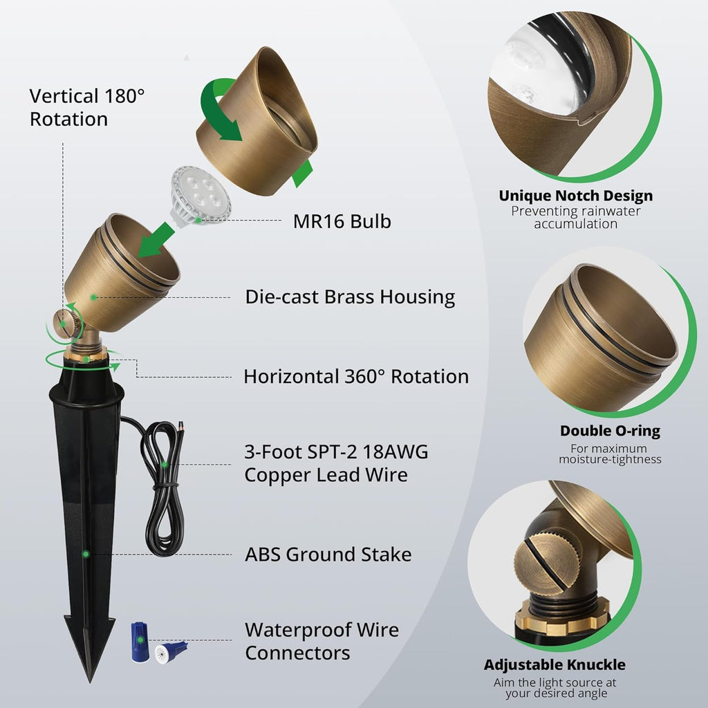 Solid Brass Low Voltage Compact Spotlight, 12V AC/DC Waterproof Outdoor Landscape Spot Lights Trees Garden Yard Lawn