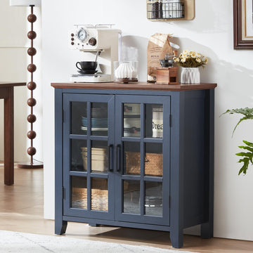 Large Sideboard Buffet Cabinet with Storage, 32" Farmhouse Navy Blue Kitchen Coffee Wine Bar Cabinet with 2 Glass