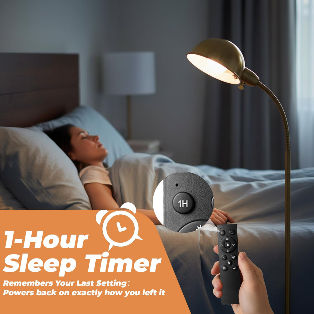 Modern Metal Dimmable Reading Floor Lamp with Remote, Gold‐Remote