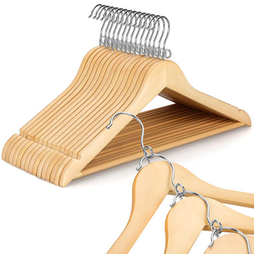 Space Saving Cascading Wooden Hangers 30 Pack, Coat Hanger with 360° Swivel Loop Hook, Non Slip Pants Bar and