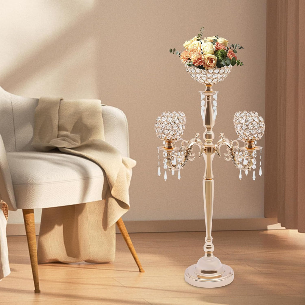 Gold/Sliver 5 Arm Crystal Floor Candelabra Wedding Table Centerpieces,35 Inches Tall Candlesticks Candle Holder Stand