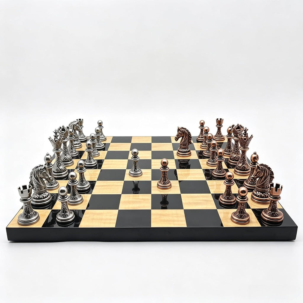 Large Baroque Metal Chess Set for Adults, 15.75 Inch Luxury Glossy Black & Maple Wooden Chess Board,Vintage Luxury