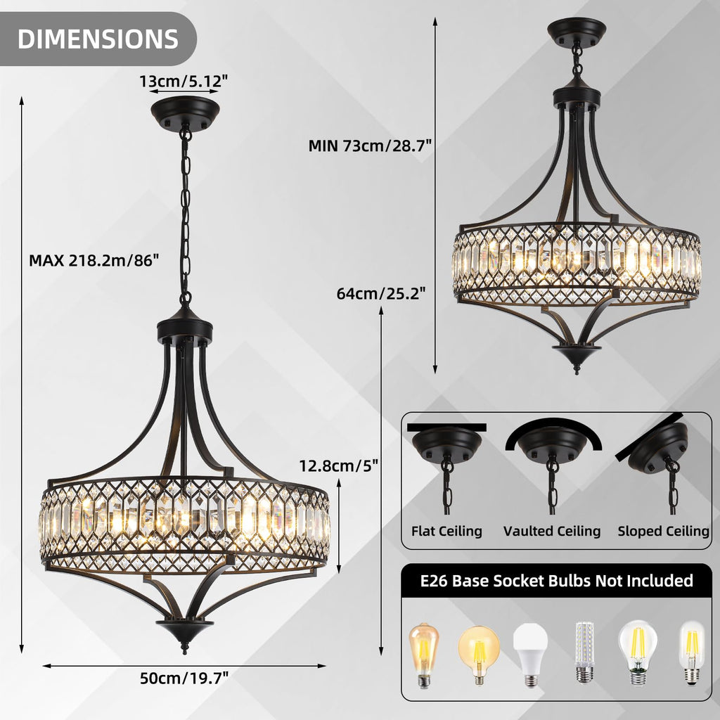20" Black Crystal Chandeliers, 5-Light Modern Farmhouse Round Crystal Chandelier Light Fixture, Adjustable Height