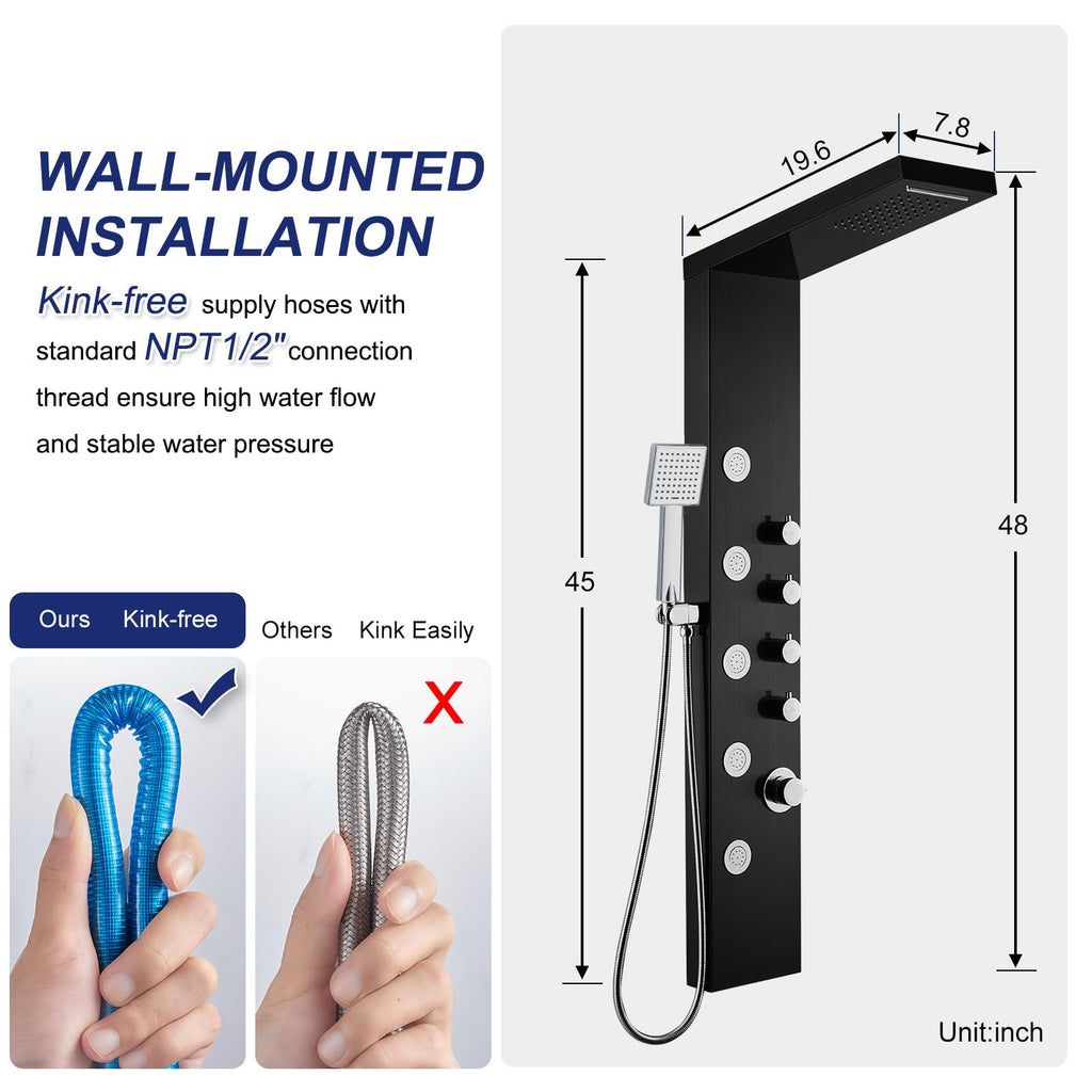 4-in-1 Rainfall Waterfall Shower Panel Tower System, Black
