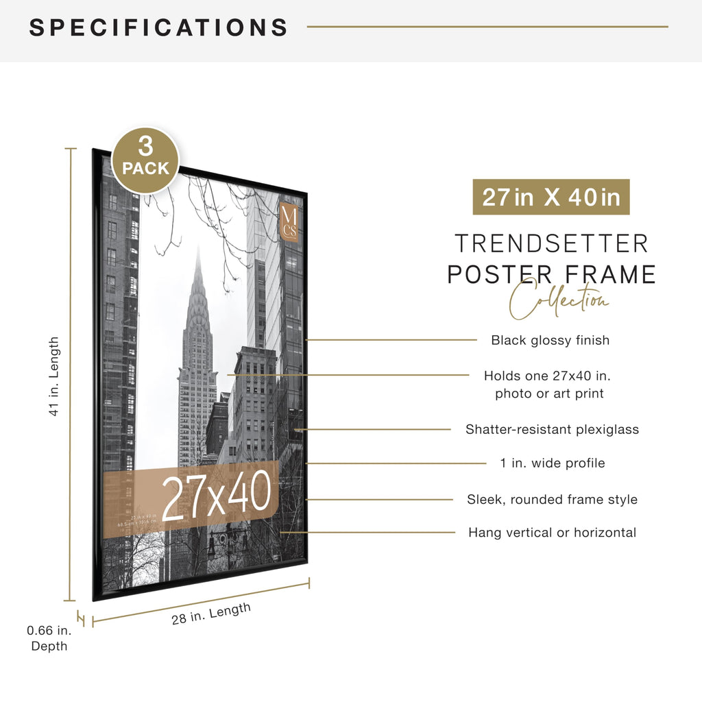 Trendsetter Movie Poster Frame, 27x40, Black High-Gloss, 3-Pack