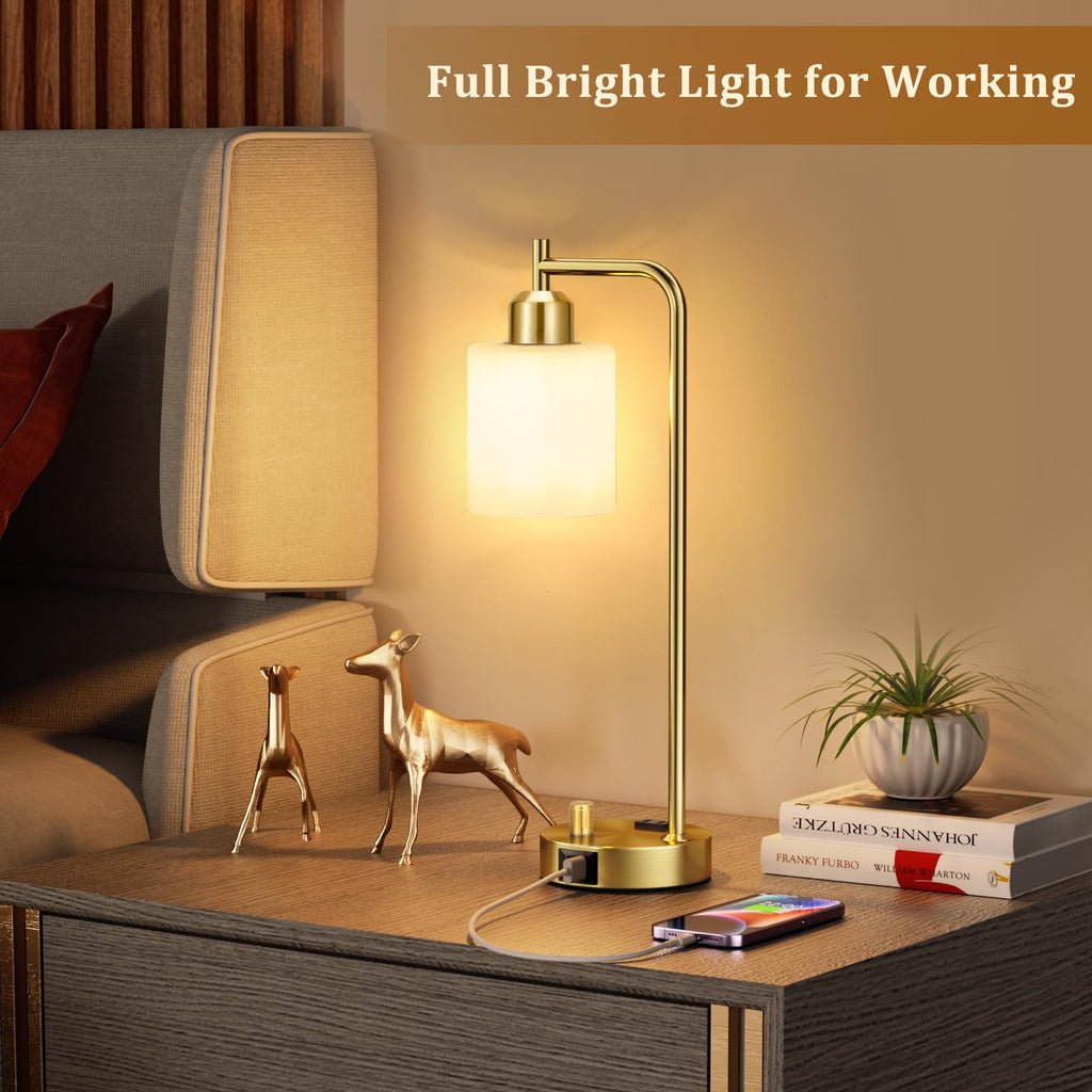 Gold Lamp - Industrial Bedside Table Lamp with USB Port and Outlet, Fully Dimmable Nightstand Lamp with Opal Glass
