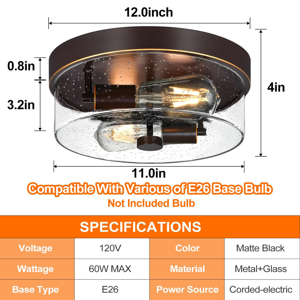 Flush Mount Ceiling Light Fixtures, 2-Light Oil Rubbed Bronze Ceiling Mount for Farmhouse with Seeded Glass