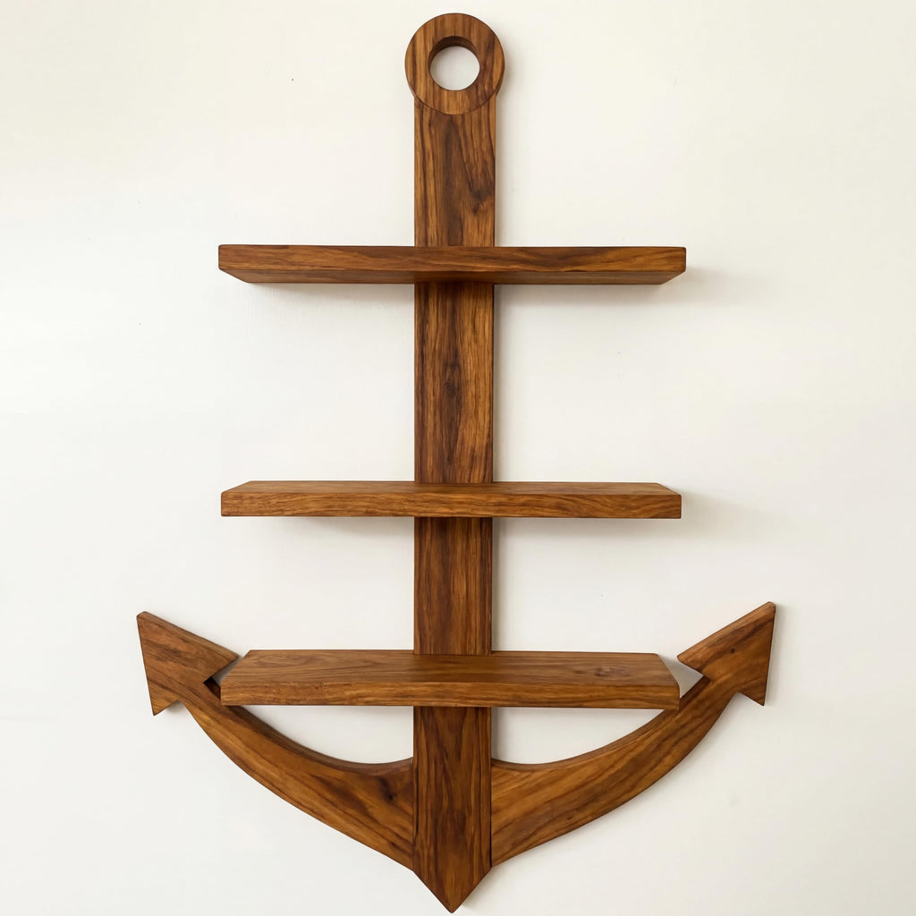 Solid Wood 3 Tier Anchor Wall Shelf, Nautical Coastal Decor, 24" H