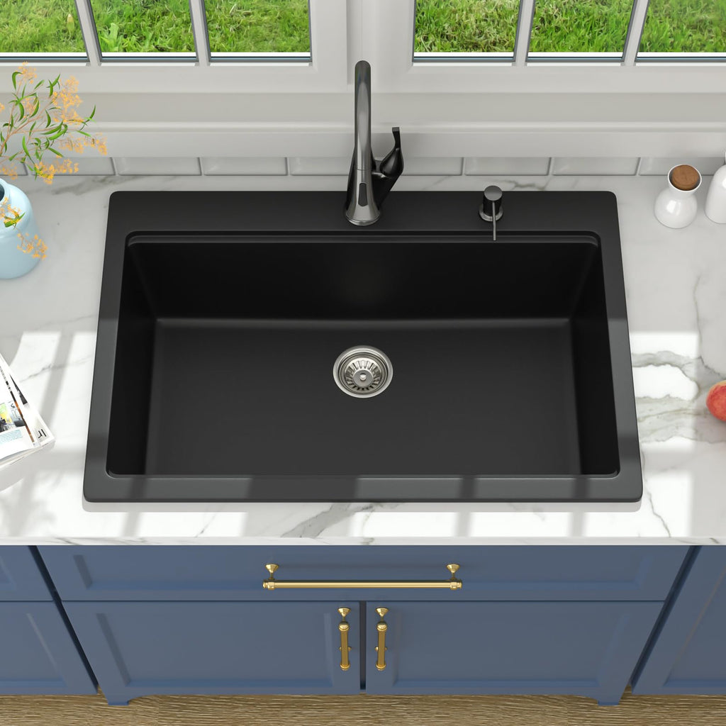 33 Granite Composite Drop In Black 33x22 Workstation Topmount Sink Matte Black Quartz Above Counter Single Bowl Sink