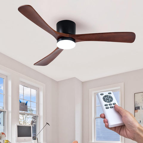 Modern 52 Inch Flush Mount Ceiling Fan with LED Lights and Remote Control - 3 Wood Blades, Reversible DC Motor, 6 Speeds, Timer - Walnut and Matte Black