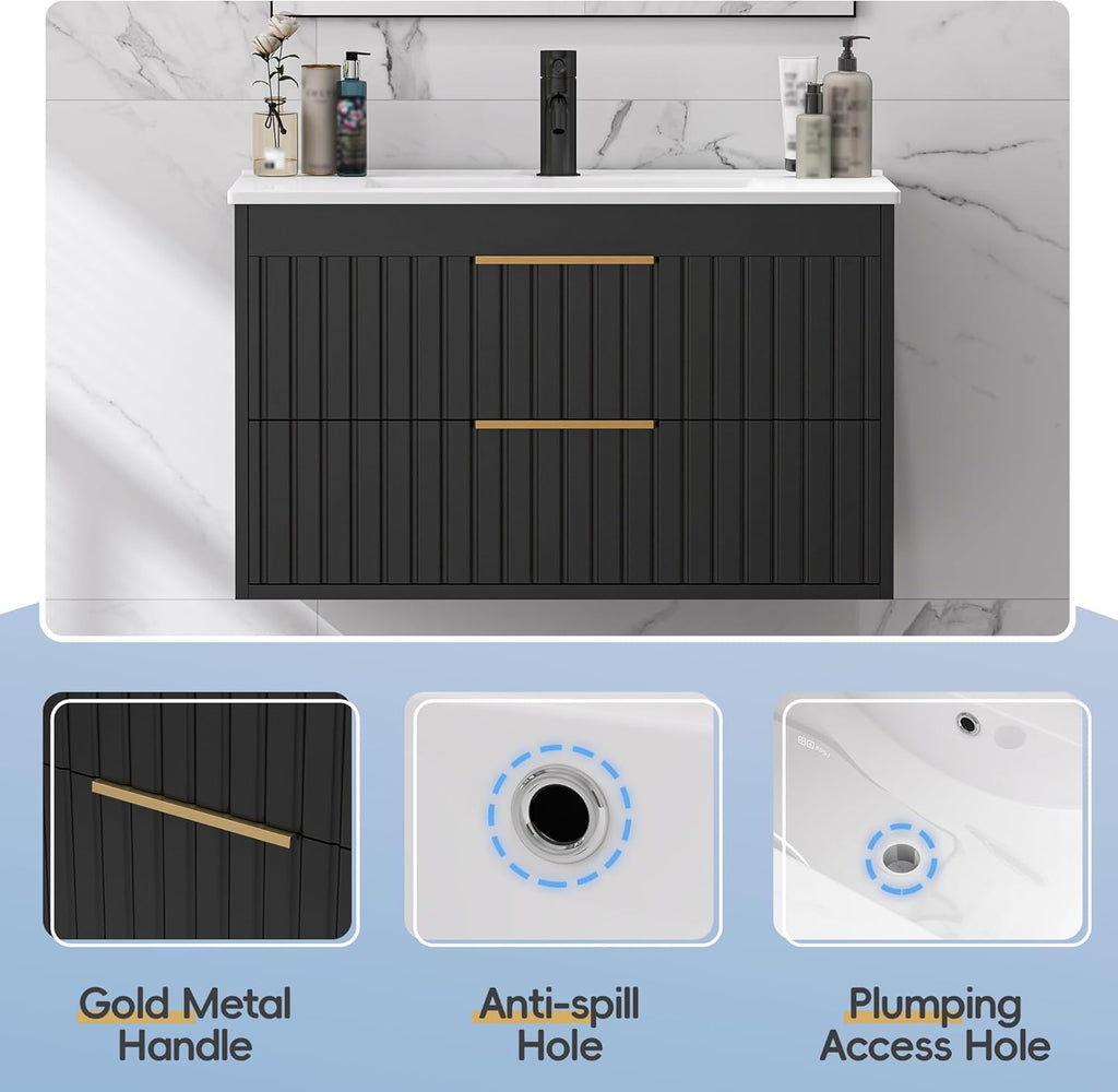 30" Floating Bathroom Vanity with Sink - Wall Mounted Vanity Cabinet with 2 Drawers & Gold Handles, Black
