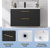 30" Floating Bathroom Vanity with Sink - Wall Mounted Vanity Cabinet with 2 Drawers & Gold Handles, Black