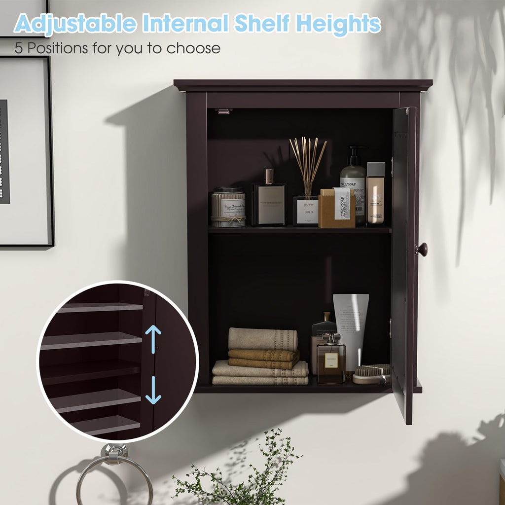 Brown Medicine Cabinet with Mirror, Wall Mounted Adjustable Storage