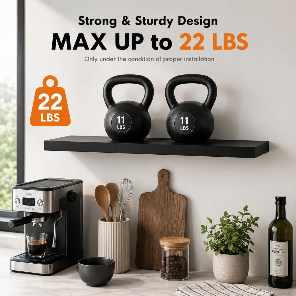 60" Black Floating Shelf, Long Wall Shelf