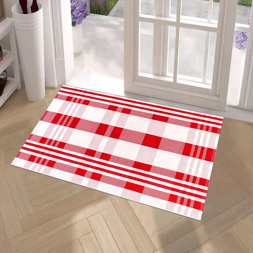 Christmas Door Mat Red and White Plaid Rug 28 x 43 Inch, Cotton Woven Christmas Checkered Front Door Mat and Covered