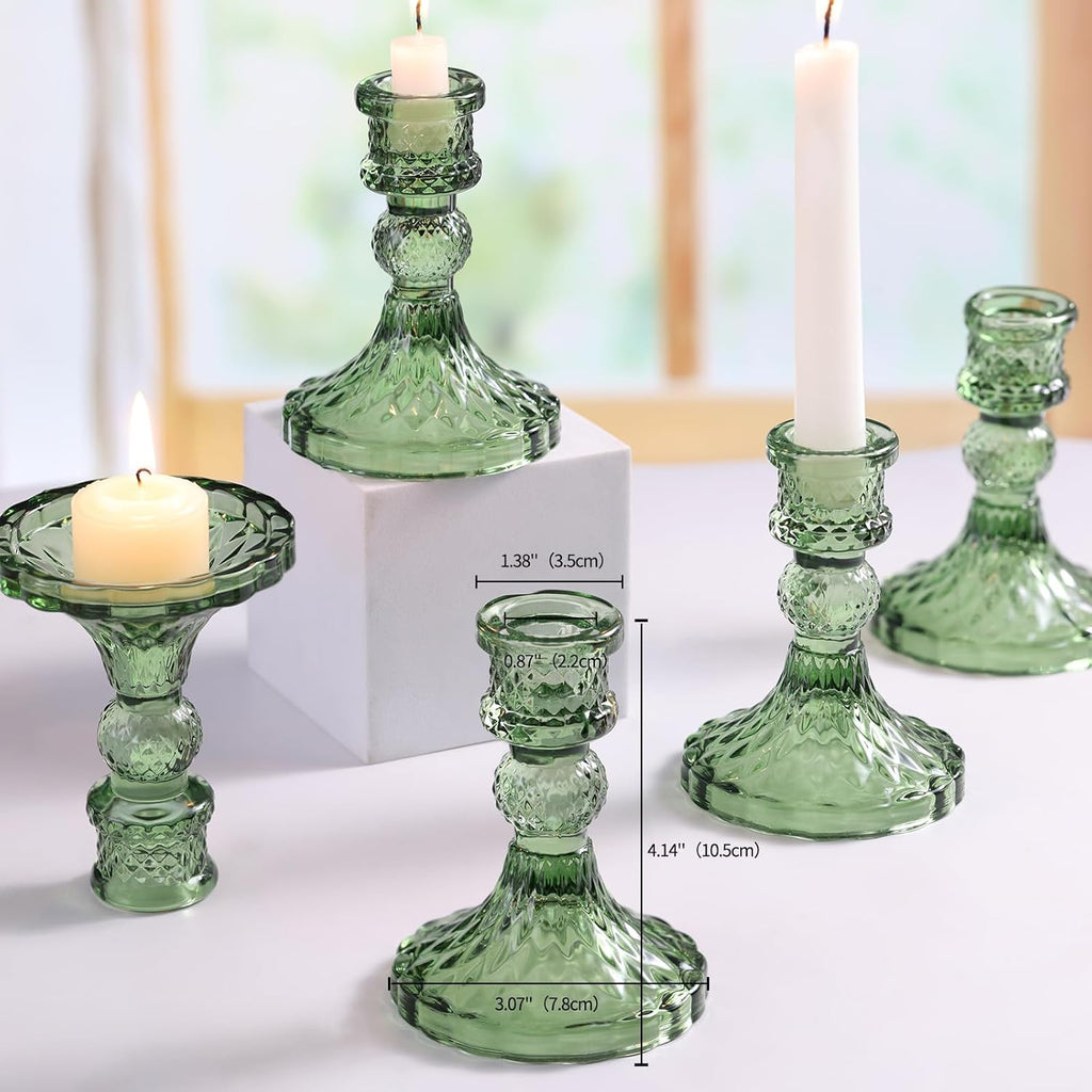 Glass Candle Holder Set of 12, Green Taper Candle Holders Bulk, Vintage Candlestick Holders, Candle Stick Holder for
