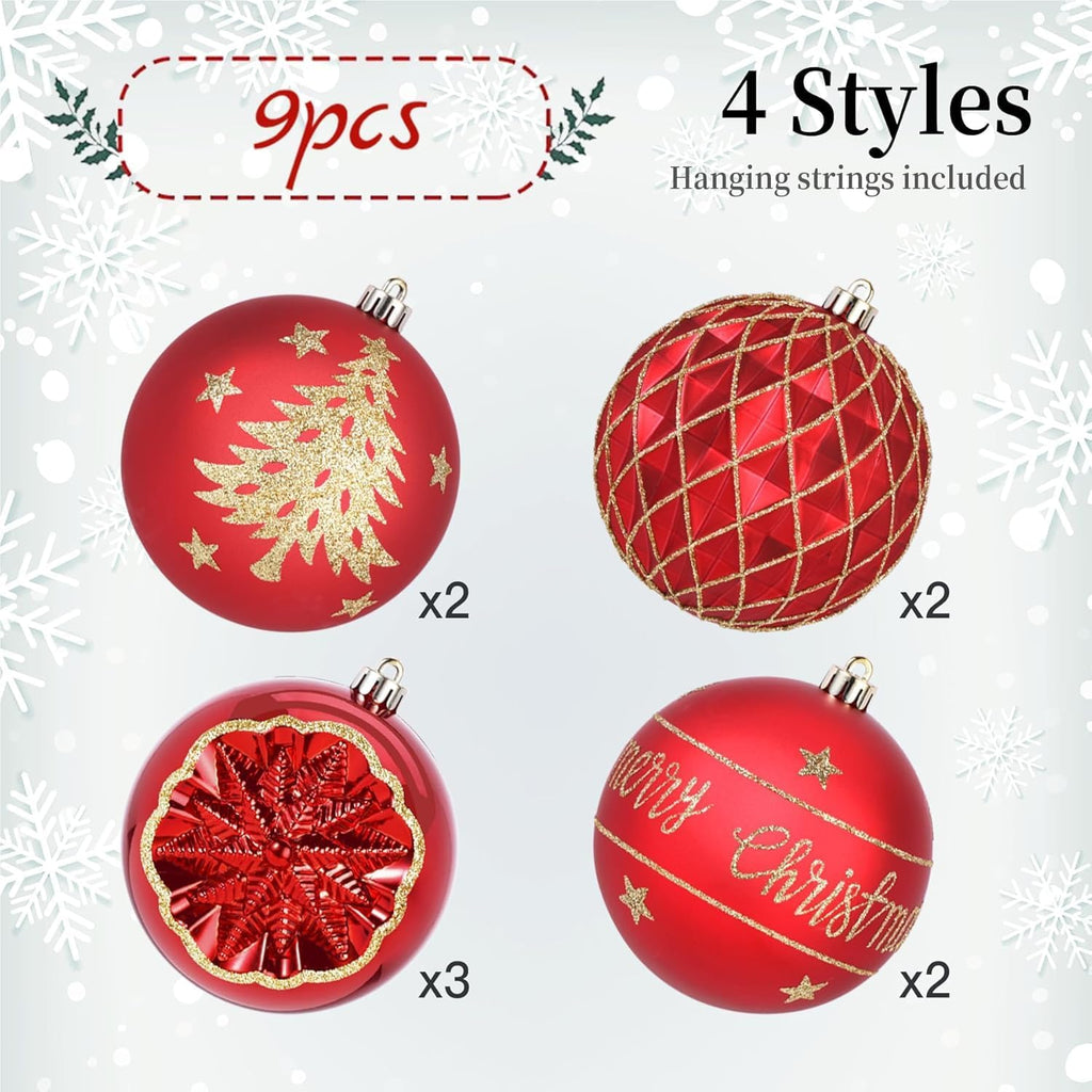 100MM/4 Inch 9PCS Large Christmas Balls Ornaments, Red and Gold