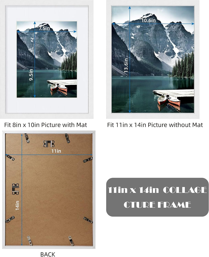 11x14 Picture Frames set of 3, Made of Glass and White Wooden Photo frame - Displays 8x10 Picture with Mat or 11 x 14