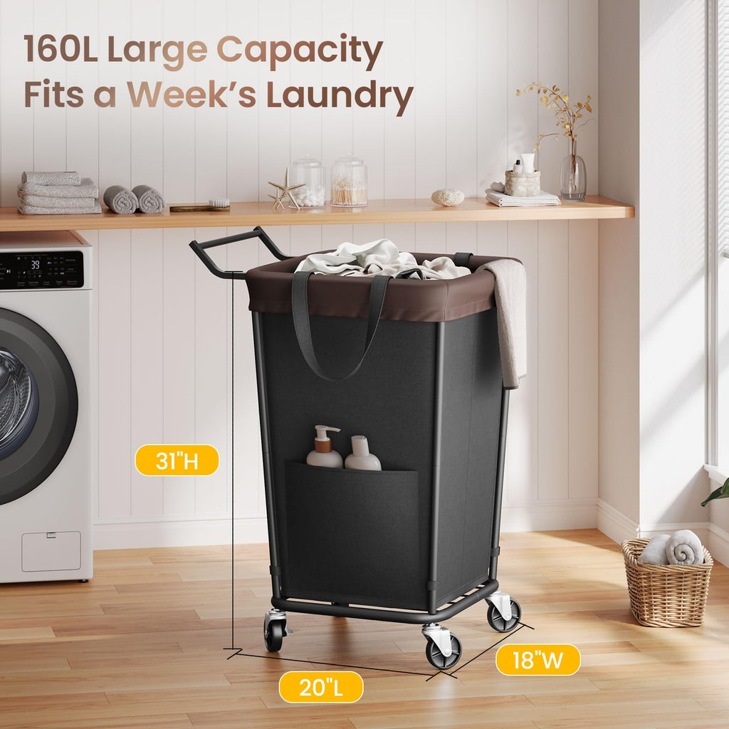 160L Laundry Hamper with Wheels and Handle, 2-Section Rolling Hamper for Laundry, Large Laundry Basket with Wheels