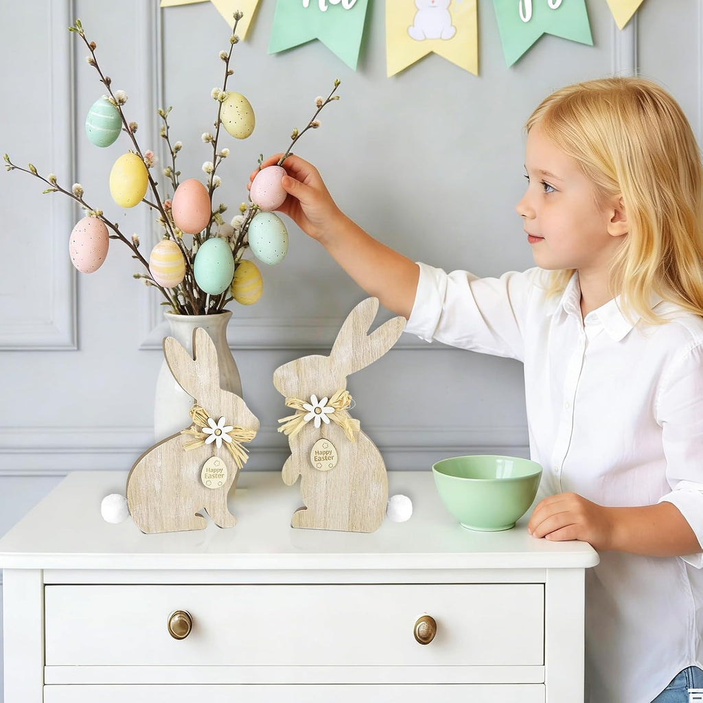 Easter Wooden Bunny Table Decor,Farmhouse Rabbit with Pompom Ball Table Centerpiece Signs,Easter Tiered Tray - Set of 2