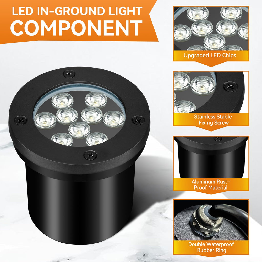 9W LED Low Voltage Landscape Lights, AC/DC 12-24V Outdoor Well Lights IP68 Waterproof 5500K Cool White In-Ground