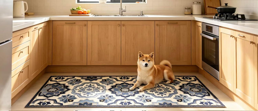 Vintage Moroccan Trellis Runner Rug, Non-Slip Low Pile Blue and White Boho Medallion Hallway Carpet, Machine