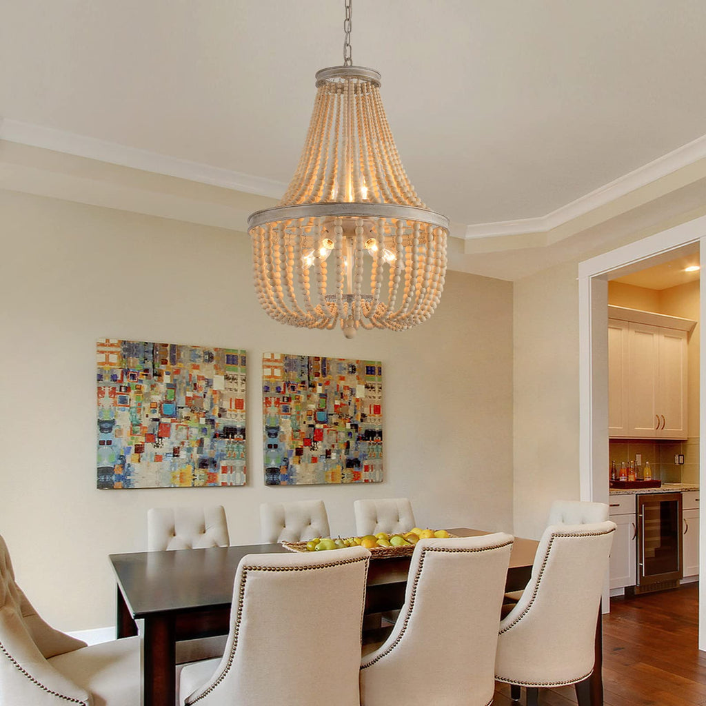 Farmhouse Wood Beaded Chandelier, Oak White 8-Lights Retro Vintage Antique Rustic Boho Pendant Light Fixture for Foyer