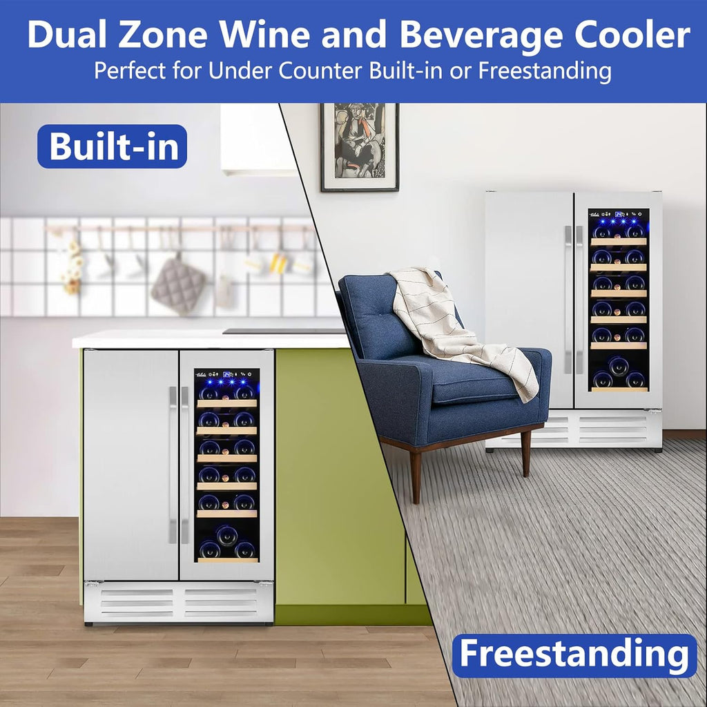Wine and Beverage Refrigerator,24 Inch Dual Zone Wine Beverage Cooler, Built
