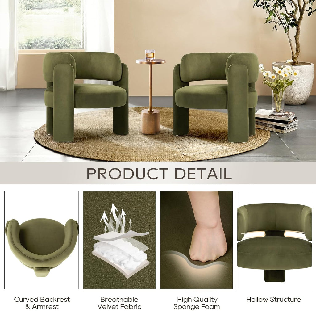 Modern Velvet Accent Chair Set of 2, Upholstered Barrel Chairs, Comfy Side Arm Chairs with 3 Legs , Reading, Green